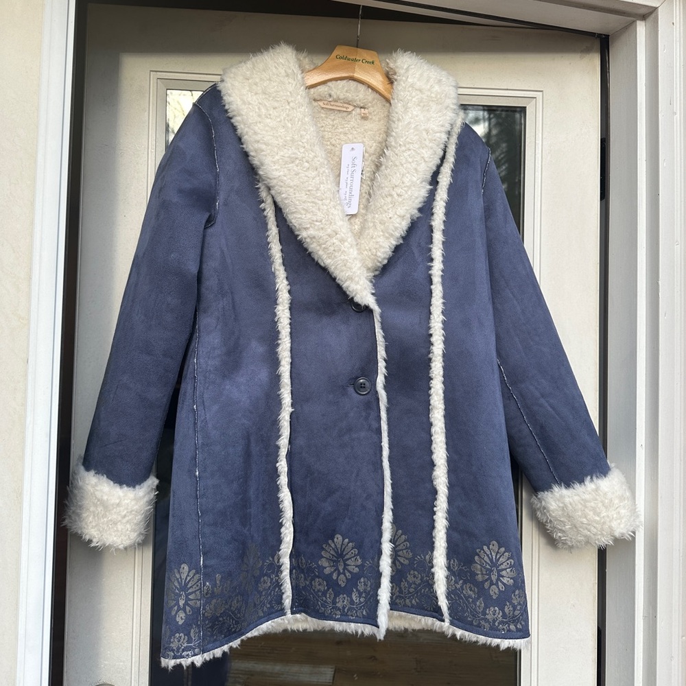 Soft Surroundings Shearling Coat Nightshadow Blue NEW